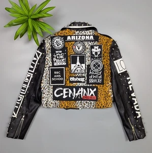 Chaqueta de Graffiti Y2K Punk Rock Tachonada De Colección Motociclista Estilo Cuero Para Mujer S/M - Imagen 1 de 24