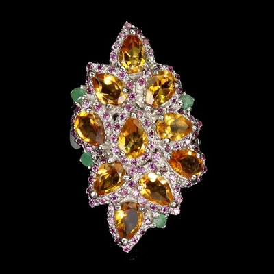 925 纯银戒指 梨黄水晶 翡翠红石 石榴石 宝石 尺寸 8.5 — 第 1/4 张图片