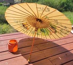 Green Red Bird Floral Yellow Asian Oil Paper Hand Painted Wood Umbrella Parasol - Picture 1 of 7