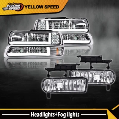 Fit For 99-06 Silverado Suburban Tahoe Clear Lens LED DRL Headlights+ Fog Lights - Image 1 of 4