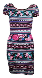 Womens BodyCon Dress Pink Floral Aztec Print Black Size 10 12 14 16 18 - Picture 1 of 8