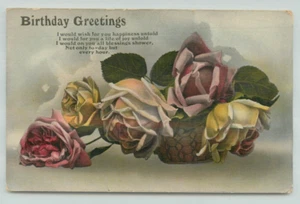 Postcard Birthday greetings poem with roses. Pink and Yellow - Picture 1 of 2