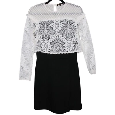 MAJE Relim Optic Illusion Lace Dress Size 2 White Black Long Sleeve Mini Layered - Image 1 of 4