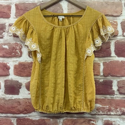 Max Studio Top Shirt Womens S Yellow Boho Embroidered Crinkle Flutter Sleeves - Image 1 of 4