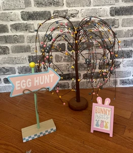 Lot of 3 Easter Decor- Primitive Egg Tree, Egg Hunt & Bunny Treat Sign - Picture 1 of 6