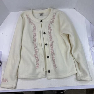 L.L Bean Womens Cardigan Medium Cream Fleece Floral Embroidered Button Polartec - Picture 1 of 10