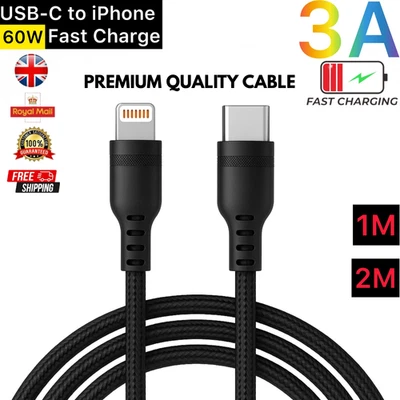 Heavy Duty Braided PD Fast Charger Lead USB C to iPhone Cable 14 13 12 11 X 8 - Image 1 of 4