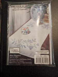 NEW Vintage Tobin Stamped Embroidery Kit Dresser Scarf 14" X 39" Blue Elegance - Picture 1 of 6