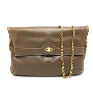 CELINE Logo Hardware vintage Chain Clutch Shoulder Bag Leather Brown - Foto 1 di 12