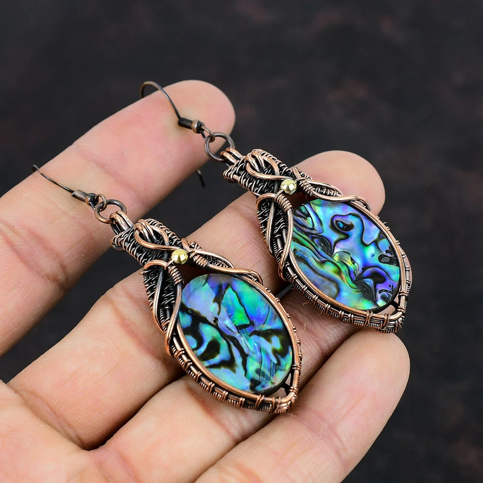 Abalone Shell Copper Valentine Gift Wire Wrapped Drop/Dangle Earrings 2.99" - Image 1 of 4
