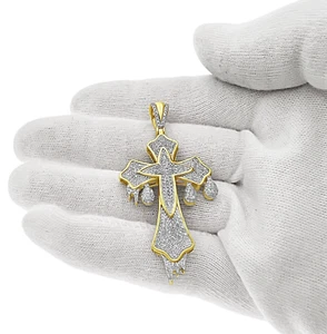 0.75 Cttw Diamond Dripping Cross Pendant Mens Charm 10k Yellow Gold - Picture 1 of 4