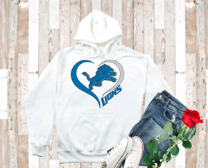 Detroit Lions Women's Hoodie Sweatshirt Heart Sm - 2X White Grey Handmade New