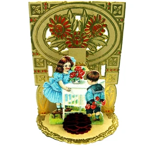 Linda mesa de flores de saludos de tarjeta de San Valentín para niños de la década de 1920 desplegable en relieve C51 - Imagen 1 de 5