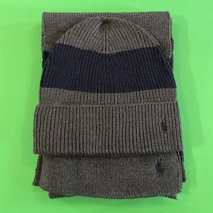 NUEVO Conjunto de sombrero y bufanda de punto Polo Ralph Lauren gris y azul marino bordado pony - Imagen 1 de 6
