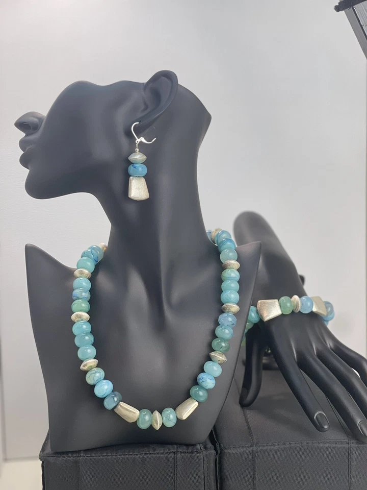 conjunto de pendientes y pulsera collar amazonita natural hechos a mano Foto 1 de 2