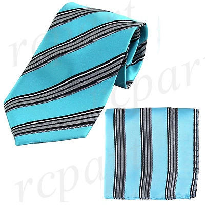 New Men's Polyester Woven Neck Tie hankie set blue black gray stripes formal - Image 1 of 3