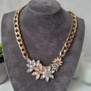 Chunky Chain Pink & Clear Rhinestone Flower Necklace Bib Statement   - Picture 1 of 23