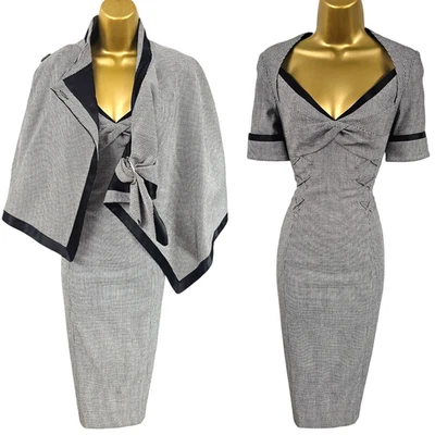 UK 10 Karen Millen Vintage Houndstooth Wool Wiggle Dress & Poncho Cape Suit - Image 1 of 4