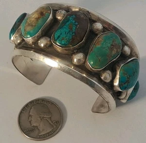 NATIVE AMERICAN Sterling Silver Blue TURQUOISE Handmade Wide Cuff Bracelet 6.25" - Picture 1 of 20