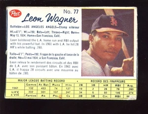 1962 Post kanadisches Müsli Baseballkarte #77 Leon Wagner Einzeldruck weiße Rückseite - Bild 1 von 2