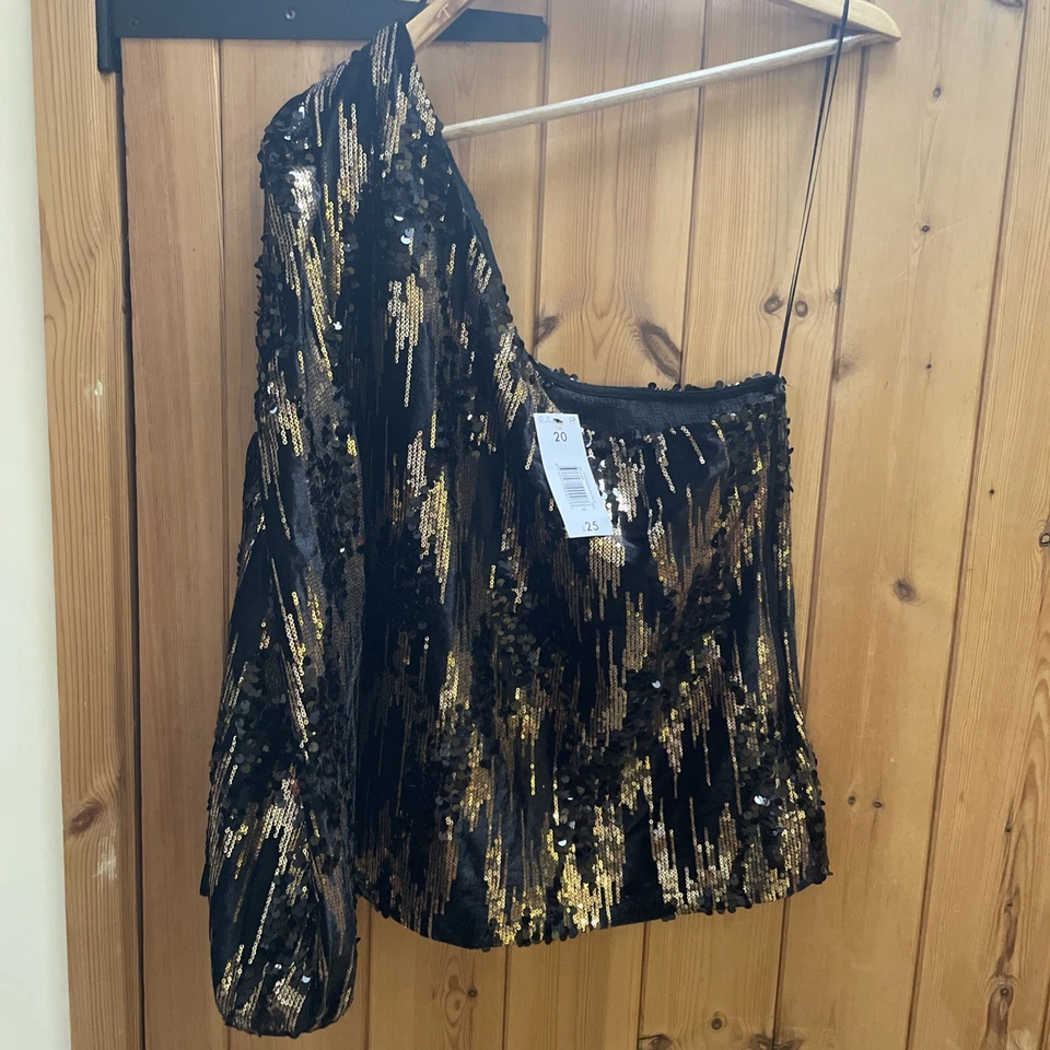 BNWT Sequin Size 20 One Sleeve Top Christmas Party NYE New Years Eve Black Gold - Image 1 of 4