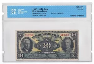 1938 $10 Dollars The Dominion of Canada Banknote CCCS Graded VF-20 - Picture 1 of 2