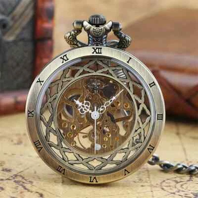 Transparent Bronze Tone Black Skeleton Manual Mechanical Pocket Watch Open Face - Изображение 1 из 4