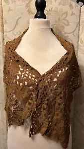 Antique Brown Bobbin Cotton Lace Spider Web Neck Scarf 12" x 46" - Picture 1 of 4