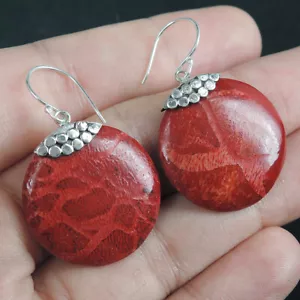 Pendientes redondos de plata de ley 925 de coral rojo natural joyería artesanal RCE-221 - Imagen 1 de 6