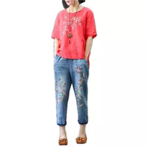 Womens Art Embroidery Jeans Plus Size Light Blue Denim Harem Pants Loose Fit Tro - Picture 1 of 6