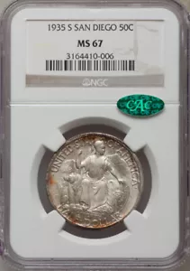 San Diego 1935-S 50c Commem NGC MS-67 CAC Sharp Strike Golden Rim Toning ! - Picture 1 of 2