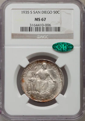 San Diego 1935-S 50c Commem NGC MS-67 CAC Sharp Strike Golden Rim Toning ! - Image 1 of 2
