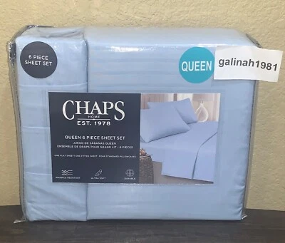 Juego de sábanas CHAPS by Ralph Lauren 6 piezas Queen con 4 fundas de almohada a rayas azul claro Foto 1 de 4