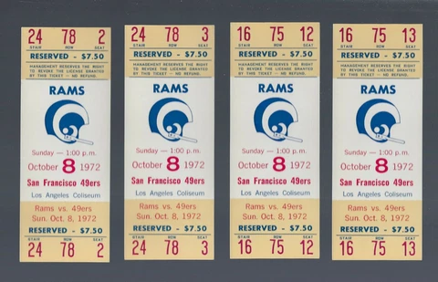 VINTAGE 1972 NFL SAN FRANCISCO 49ERS @ LOS ANGELES RAMS FULL FOOTBALL TICKETS Cover