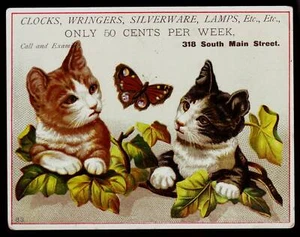 Victorian TRADE CARD - CLOCKS, WRINGERS, SILVERWARE, LAMPS - late 1800s - Picture 1 of 1