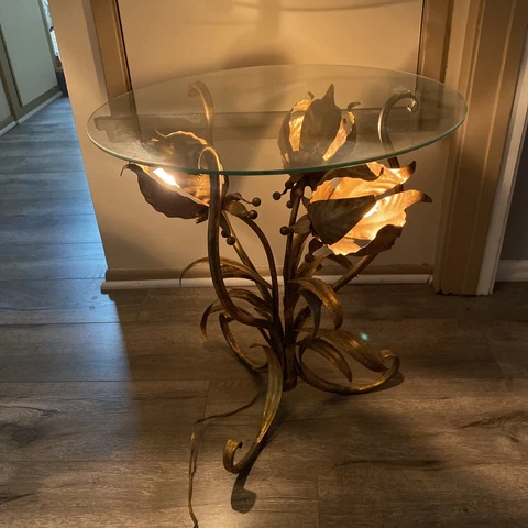 VINTAGE MCM Italian Gold Gilt Metal Leaf Pedestal Lighted  Table w/ glass Top Cover