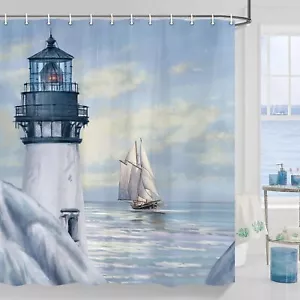 Art Lighthouse Shower Curtain Sets For Bathroom Sunrise Blue Ocean Shower Curtai - Picture 1 of 2