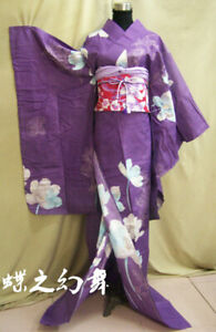 Japanese Kimono Furisode Purple Dress Traditional Women Long Floral Costume