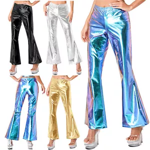 FEESHOW Womens Metallic Shiny Bell Bottom 70s Disco Pants Glossy Sparkly AU - Picture 1 of 41