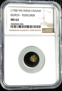 1700 - 1794 Indien Gold Fanam Münze, Dutch-Tuticorin, NGC MS 62, 046 - Bild 1 von 2