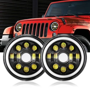 Pair 7'' LED Round Headlight W/ Angel Eyes H4 to H13 Adapter For Jeep Land Rover - Picture 1 of 12