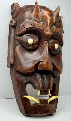 "Máscara Hannya japonesa vintage tallada a mano madera oscura Oni demonio colgante de pared 12"" X 7""" Foto 1 de 4