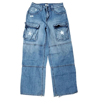 FOREVER 21 Jeans Womens 27 Blue Cargo Flap Pockets Baggy Distressed Y2K Grunge - Image 1 of 4