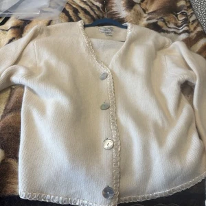 VTG Size XL Cream August MaxWoman Lambswool/Angora Cadigan W/Abalone Ribbon Trim - Picture 1 of 10