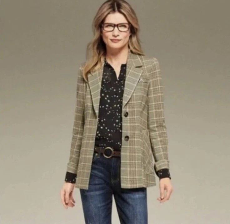 Blazer Cabi Pastime Beige Marrón Forrado a Cuadros Elástico #3548 Mujer Talla 4 Foto 1 de 4