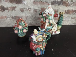 Rare Set Fitz & Floyd Santa Father Christmas Teapot Creamer Sugar Wreath Toy Bag - Picture 1 of 5