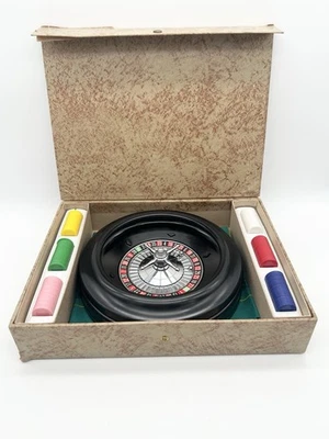 Vintage 50s Roulette Wheel Set Felt Mat Colored Chips Casino Game - Image 1 of 4