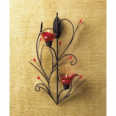 Black Red Iron Glass Ruby Blossom Sophisticated Tealight Wall Sconce Home Decor - Image 1 of 4
