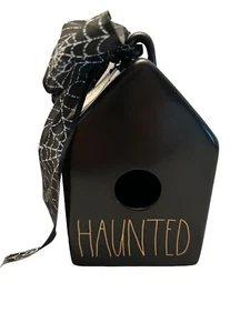 Rae Dunn Black Ceramic HAUNTED Birdhouse Bird House Halloween Spiderweb Ribbon ￼ - Picture 1 of 5