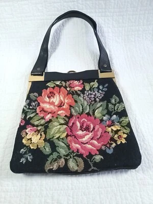 Bolso de Noche Floral Cottagecore De Colección Marco Negro Floral Rosas Punta de Aguja Años 50  Foto 1 de 4